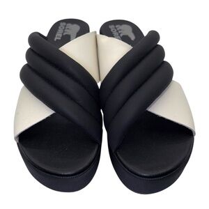 Sorel Cameron Flatform Puff Mule Black and White Platform Sandals Womens Size 12